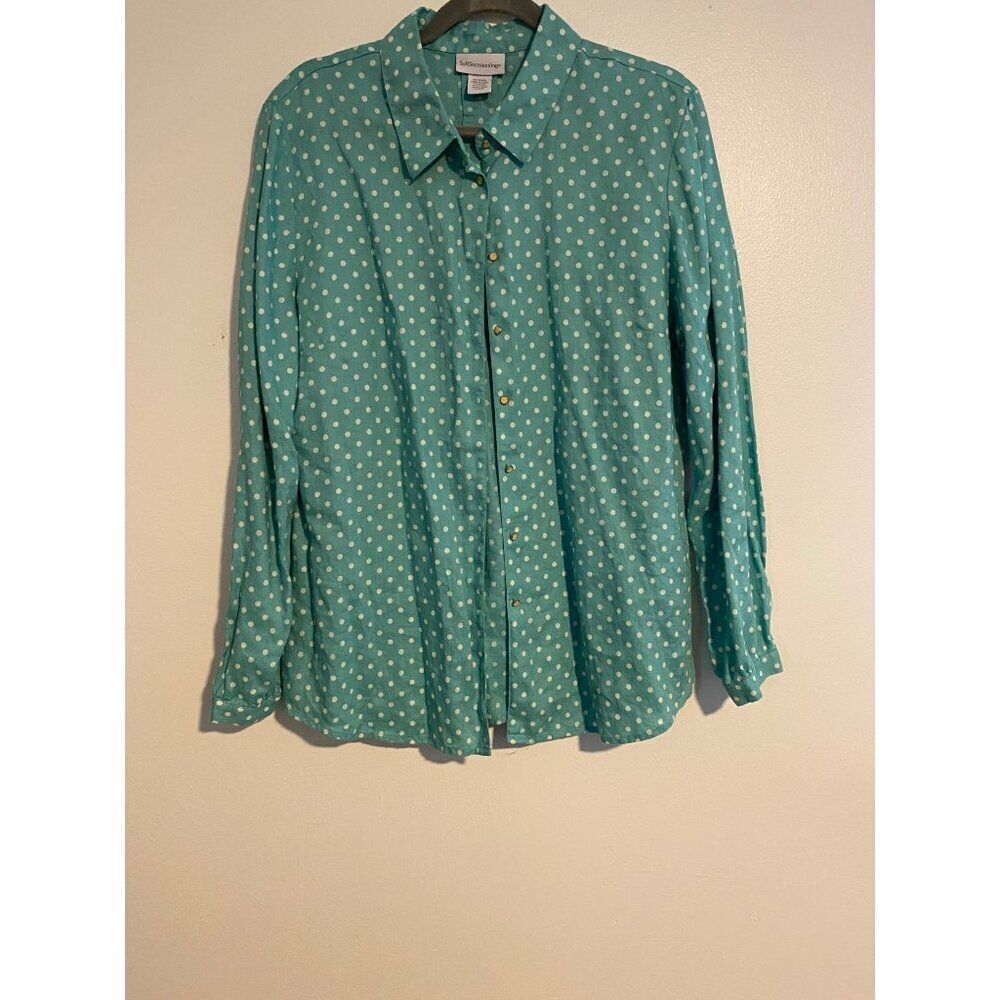 Soft Surroundings Women’s XL Button-Up Green White Polka Dot Linen Top Career